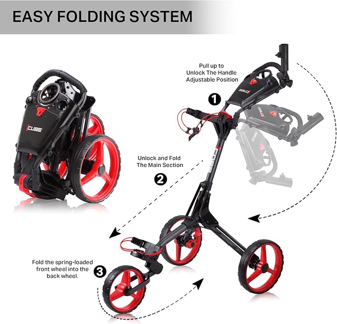 CUBE CART 3-Wheel Golf Push Cart – Ultra-Compact 14.5 lb Folding Golf Trolley, Two-Step Fold, Adjustable Handle, Foot Brake, Umbrella Holder & Built-in Storage