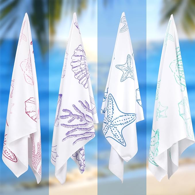 Tegeme 4 Pack Coastal Seashell Microfiber Thin Beach Towel Lightweight 71x36 Oversized Extra Large Sand Free Towels Quick Dry for Travel Pool Yoga Sports Beach Accessories Vacation Essential Gift