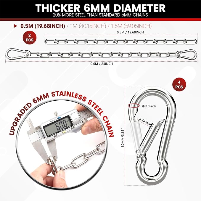 sprookber 1000LB Heavy Duty Hanging Swing Chain, 6mm Thick 304 Stainless Steel Hanging Chain with 4 Carabiners, 25" Hardware Kit for Hammock, Hanging Chair, Punching Bags, Tree, Indoor & Outdoor