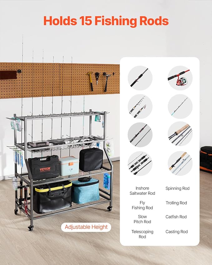 VEVOR Fishing Rod Holder for 15-Rods, Mobile Fishing Pole Rack Cart with Wheels, Fish Gear Equipment Organizer for Garage Home Indoor Use, for Tackle Box Reel Accessories Storage, Gifts for Men