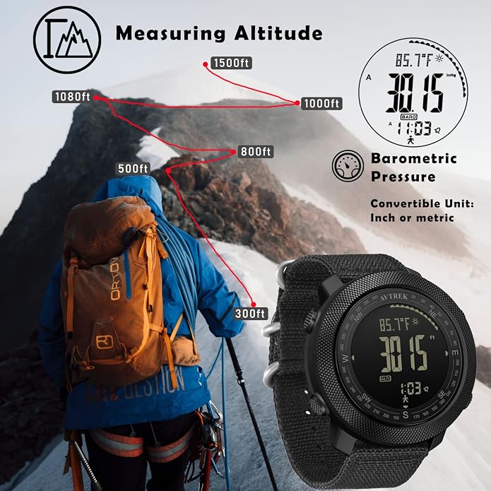 AVTREK Mens Outdoor Sport Tactical Survival Watches Hiking Digital Wrist Watch Waterproof Swimming Military Army Altimeter Barometer Compass Watches