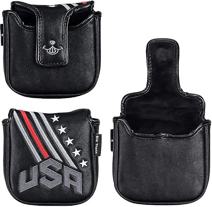 Big Teeth Golf Cover USA Stripe and Star Headcover Covers, Driver Fairway Wood Hybrid Headcovers Fits Blade Mallet Putter Iron and Woods with Magnetic Club Protector Pu Leather Golf Accessories
