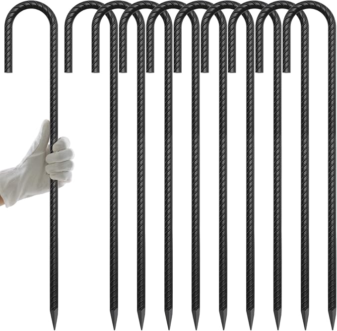AAGUT Rebar Stakes 24 Inch J Hook Heavy Duty 10 Pack, 1/2 Inch Extra Long Tent Stakes with Chisel Point End, Black Coated Metal Ground Anchors for Garden, Chain Link Fence, Camping, Greenhouse