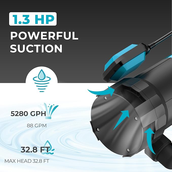 Automatic Water Pump, 2250GPH Sump Pump Submersible Basement Portable Electric Utility Water Pump Removal for Pool Draining Basement Hot Tubs Garden Pool Cover Pond, Light Blue