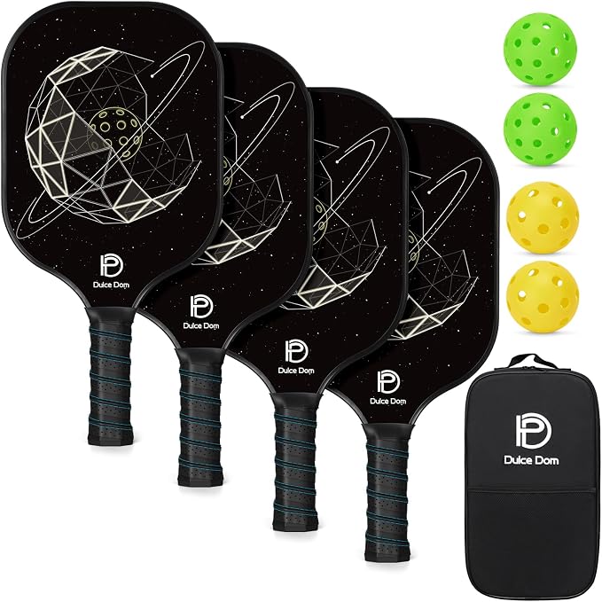 Dulce DOM Pickleball Paddles Set of 2/4 - USAPA Approved, 4 Indoor Outdoor Pickleball Balls, Fiberglass Surface Paddle Racket with Cover Bag, Ideal Training Equipment Gift for Men & Women