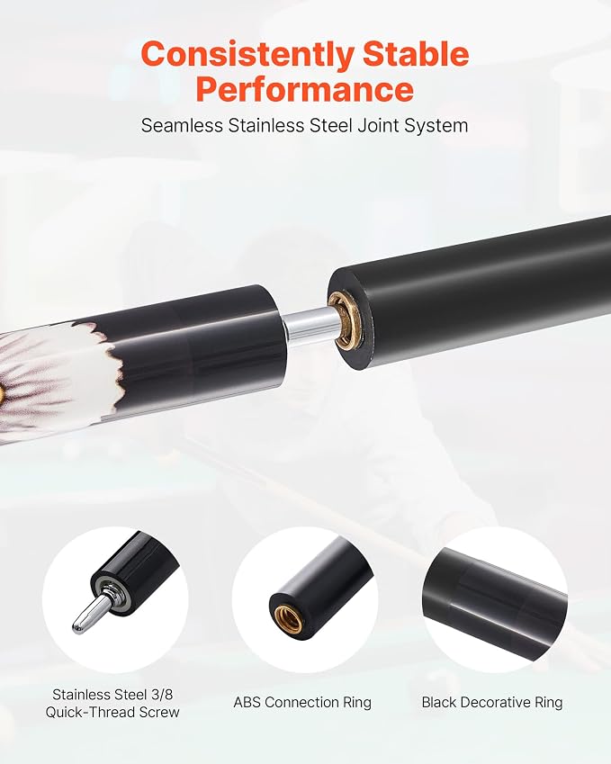 VEVOR Pool Cue, Pool Stick, 58 inch Billiard Pools Cue Stick with Multi-Layer Tip & ABS Connection Ring, Cues Sticks for Professional Pool Table, Bar, Home, Office