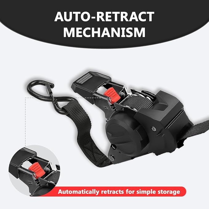 Retractable Ratchet Straps (4 Pack) - 1" x10 ft Heavy Duty with Auto Retract, Safety Lock Hooks & 1650 lb - Soft Loops + Bungee Cords for Truck, Trailer, Motorcycle, ATV, UTV, Moving