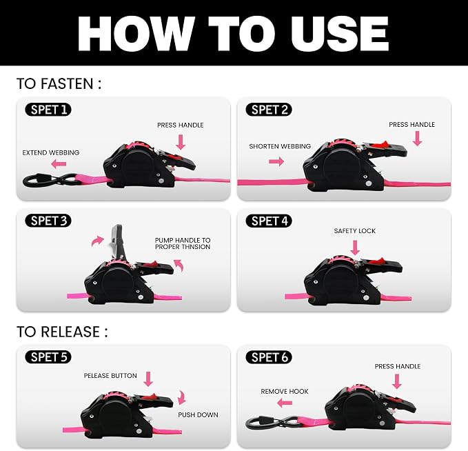 Retractable Ratchet Straps1In x 13Ft - Heavy Duty Auto Slow Retraction Tie Down Straps - 1,800lb Break Strength Self Retracting for Truck, Cargo Trailer, Motorcycle, ATV, UTV - Pink, 4Pack
