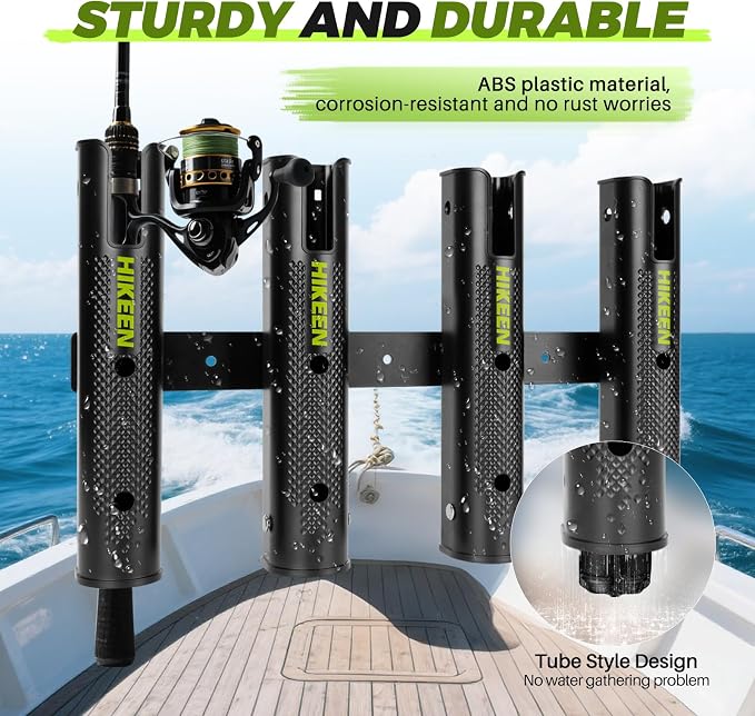 Hikeen Adjustable Fishing Rod Holder, 4 Tube Fishing Pole Holders Wall-Mounted Rod Rack for Boat Kayak Golf Cart Garage Crate Cooler Wagon RV