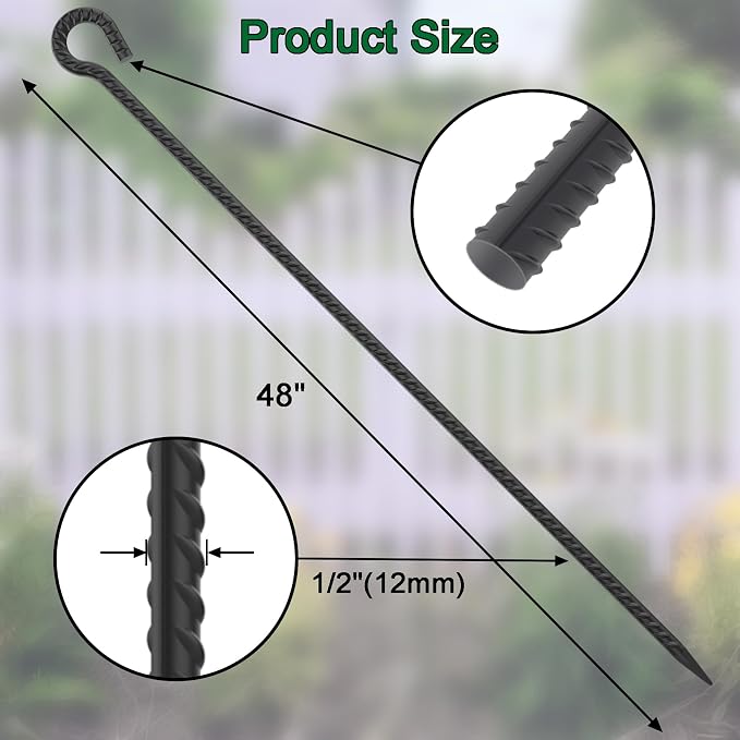 48 Inch Rebar Stakes 1/2" Diameter 6 Pack Steel Ground Anchors with Loop | Extra Long Heavy Duty Garden Rope Stakes for Temporary Fencing, Tree Support, High Wind Areas, Industrial Use, Black