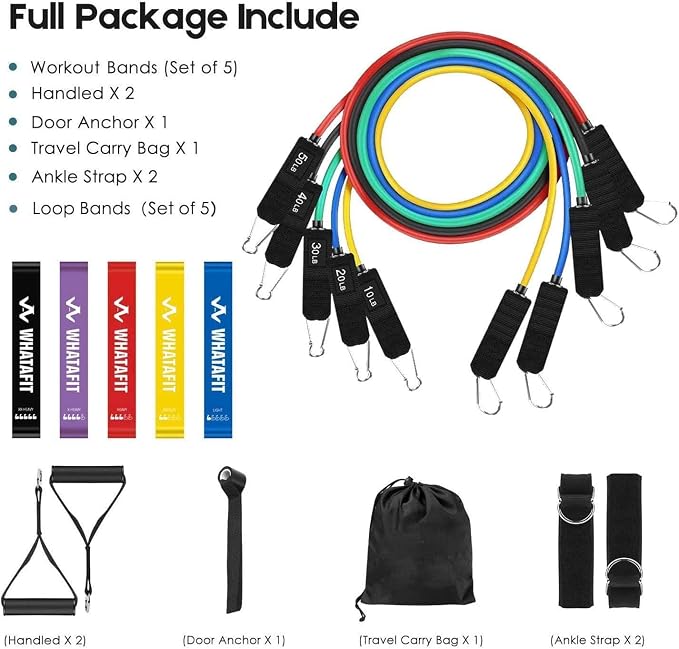 WHATAFIT Resistance Bands, Exercise Bands, Workout Bands with Handles, Door Anchor and Ankle Straps, 5 Resistance Levels Fitness Bands for Strength Training, Physical Therapy, and Home Gym Equipment