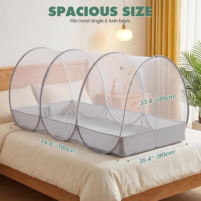 Orzbow Large Mosquito Net | Portable Pop Up Mosquito Tent for Insect, Fly & Bug Protection with Charging Cable Access and Storage Pocket for Bed, Camping, Beach, Travel, Outdoor, 74.8" x 35.4" x 33.4"