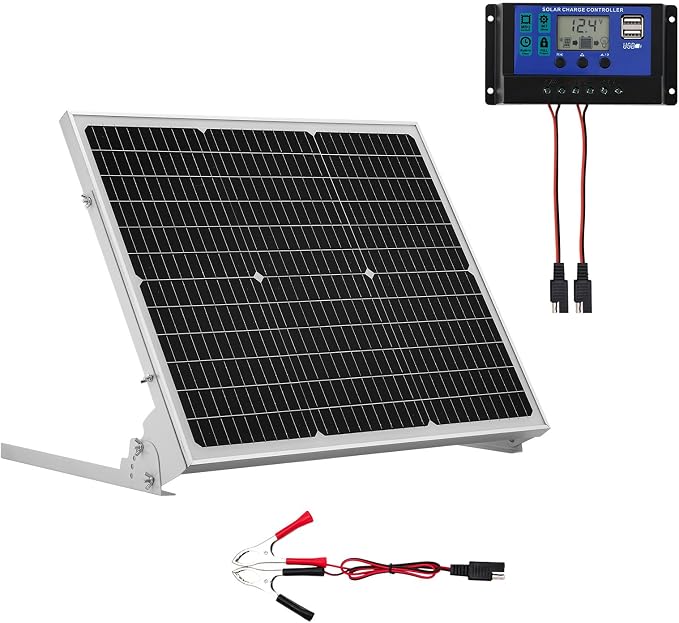 VEVOR 50W 12V Solar Battery Trickle Charger Maintainer, Mono Solar Panel Battery Charger with Upgraded MPPT Controller & Adjustable Mount Bracket, IP65 Waterproof for Car Boat RV Trailer House Roof