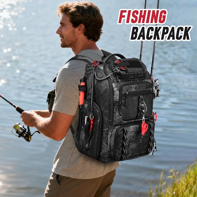 Fishing Tackle Backpack,Tackle Bag with 2 Rod Holders,Water-Resistant Large Storage Fishing Gear and Equipment (B-Black Camo)