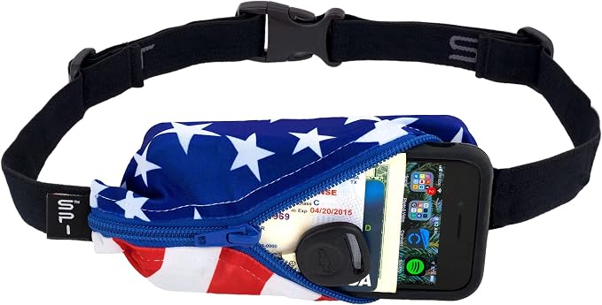 SPIbelt Running Belt Original for Women Men, Phone Holder for Running, Running Fanny Pack, Holder for Phone, Running Waist Pack, Adjustable Waist, [Fits All Phones]. Stars and Stripes with Blue Zipper
