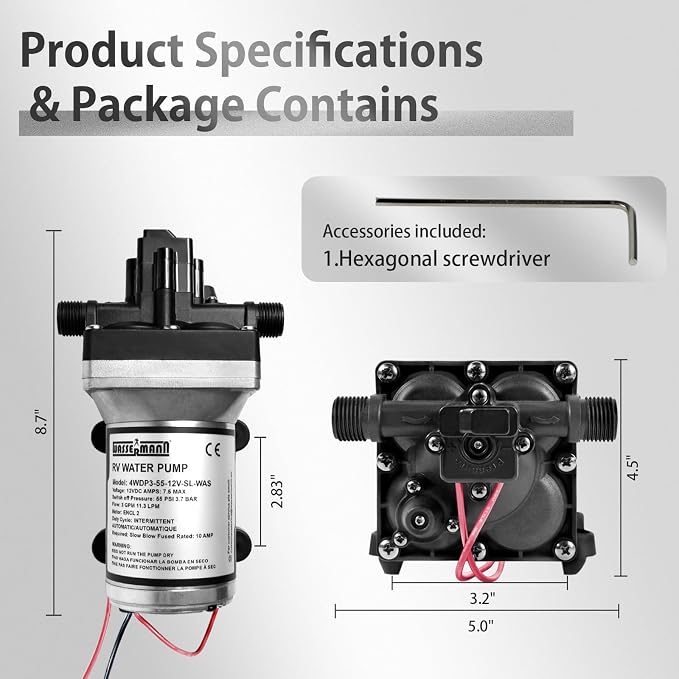 WASSERMANN RV Water Pump 12V DC 4008-101-A65/E65 Replacement, 3.0 GPM 55PSI, Quiet Pump with Pressure Switch for Camper RV Shower Garden Industrial Yacht Sprayer Food Truck Travel Trailer Water Pumps