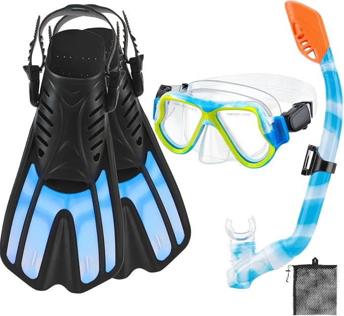 Snorkeling Gear for Kids, 4 in 1 Child Mask Fins Snorkel Set with Panoramic View Anti Fog Mask, Dry Top Snorkel, Trek Fins and Travel Bag, Kids Snorkeling Set with Fins for Snorkeling Swimming