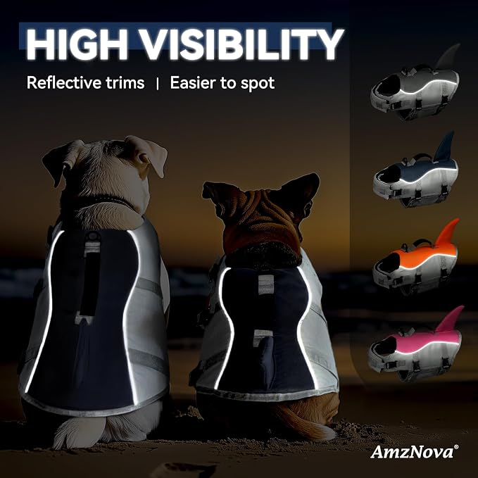 AMZNOVA Shark Dog Life Jacket + Rip Stop Dog Life Jacket, Durable Handle Reflective Buoyance