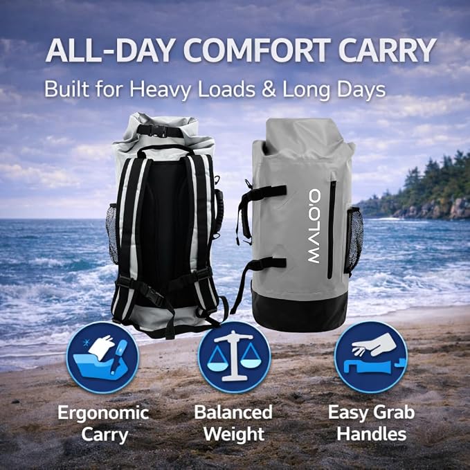 Malo’o 45L Waterproof Dry Bag Backpack – Heavy Duty Roll Top Fishing & Beach Backpack, IPX6 Water Resistant Gear Bag for Kayaking, Camping, Surf, Travel & Outdoor Adventure