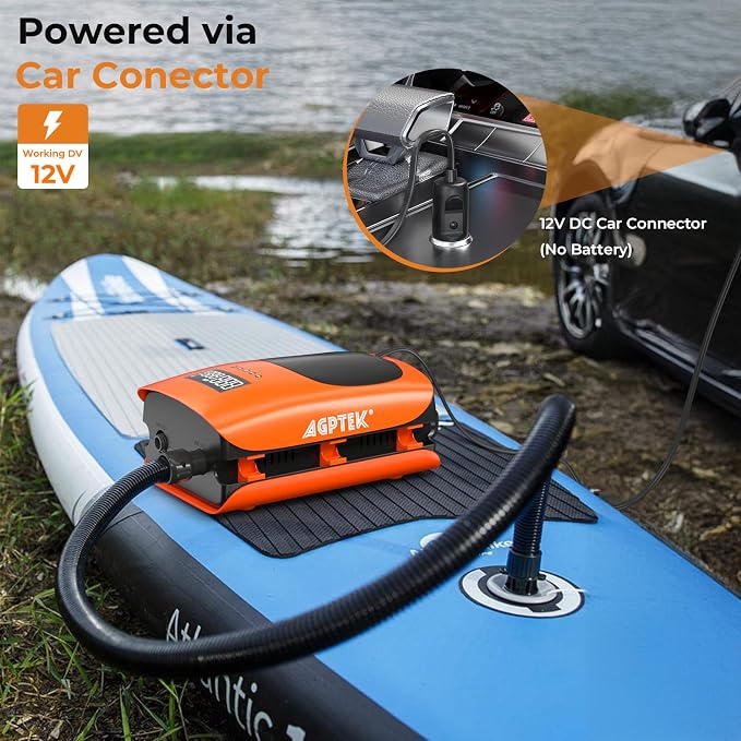 AGPTEK 22PSI High Pressure Paddle Board Pump Electric SUP Air Pump Portable Paddle Board Pump,Inflation and Deflation Function Auto-Off &12V DC Car Connector Dual Stage for Paddle Board,Boats,Inflator