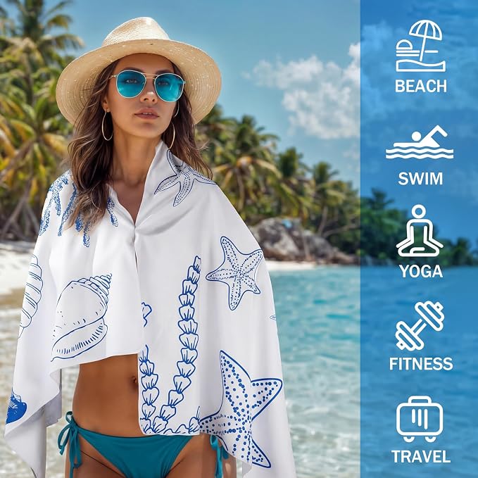 Tegeme 4 Pack Coastal Seashell Microfiber Thin Beach Towel Lightweight 71x36 Oversized Extra Large Sand Free Towels Quick Dry for Travel Pool Yoga Sports Beach Accessories Vacation Essential Gift
