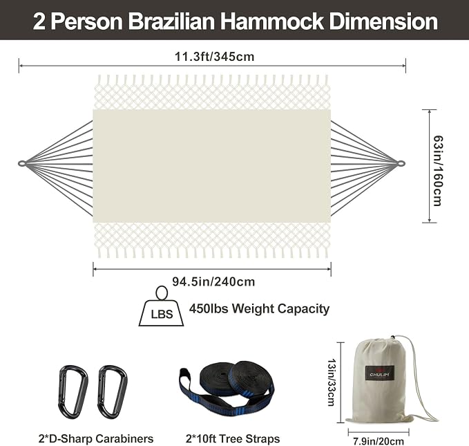 CHULIM Brazilian Double Hammock with Tree Straps,Extra Large 94x63IN,2 Persons Hammock for Backyard Patio Outdoor Indoor,450lbs Weight Capacity,Soft Woven Cotton Fabric - Natrual White with Tassels