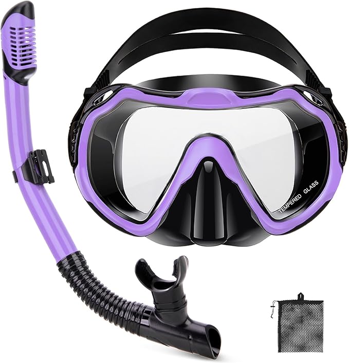 Snorkeling Gear for Adults, Adult Snorkel Set with Panoramic Anti-Leak and Anti-Fog Tempered Glass Snorkel Mask, Dry Top Snorkel, Snorkle Mask Set Adult with Mesh Bag Ear Plug for Snorkeling