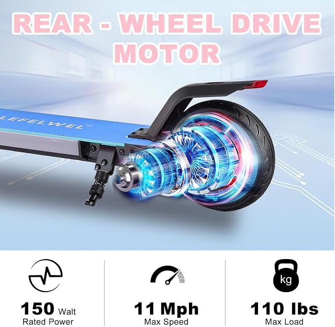 Electric Scooter for Kids Ages 6-14, 150W Motor, 4/7/11 Mph, 60 mins Ride Time, Adjustable Speed, LED Display, Colorful Lights, Electronic Brake, Foldable Kids Electric Scooter ，UL2272 Certified(Blue)