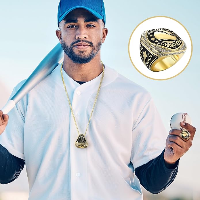 Highergo 20 Pcs Baseball Softball Basketball Football Champion Rings with Display Neck Chain and Stand Volleyball Soccer Cheer Trophy Rings Bulk for Tournament Award Gift