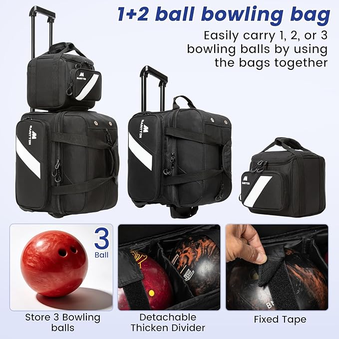 3 Ball Bowling Bags with Wheels, 2 Ball Bowling Bags Double roller with Single Ball Tote, Multi-Pockets & Shoe Compartment (Fits Up to Size 15).