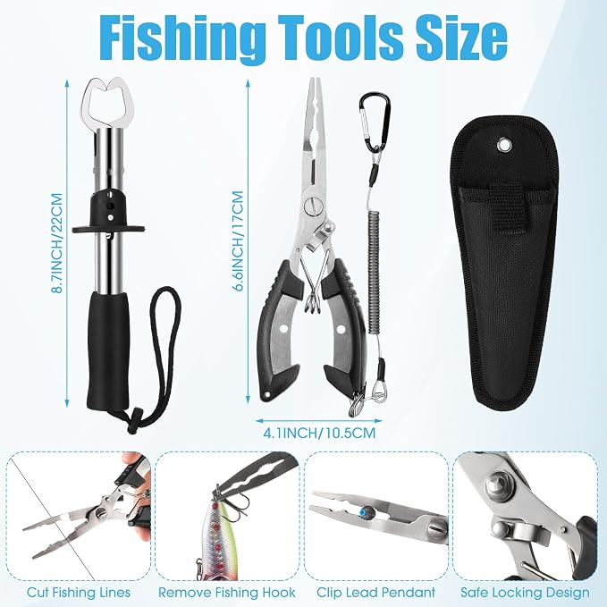 RoundFunny 3 Layers Fishing Tackle Box 414 Pcs Fishing Gift Lures Gear Kit with Tackle Included Pliers Lip Gripper Bait Hook Accessories for Beginner Fisherman Women Men, Fit Bass Trout