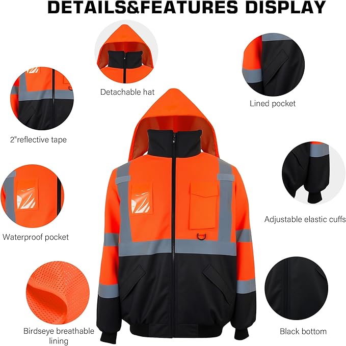 PAFESTER High Visibility Reflective Safety Jackets for men 300D Oxford 100% Waterproof Thermal Rain Coats for Cold Weather