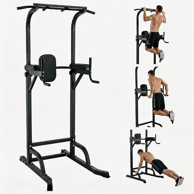 Power Tower Pull Up Bar Dip Station, Adjustable Height Home Gym Equipment, Heavy Duty Strength Trainer with 880 Lbs Capacity, Multi-Function Workout for Full Body Exercise, Stable Fitness Equipment