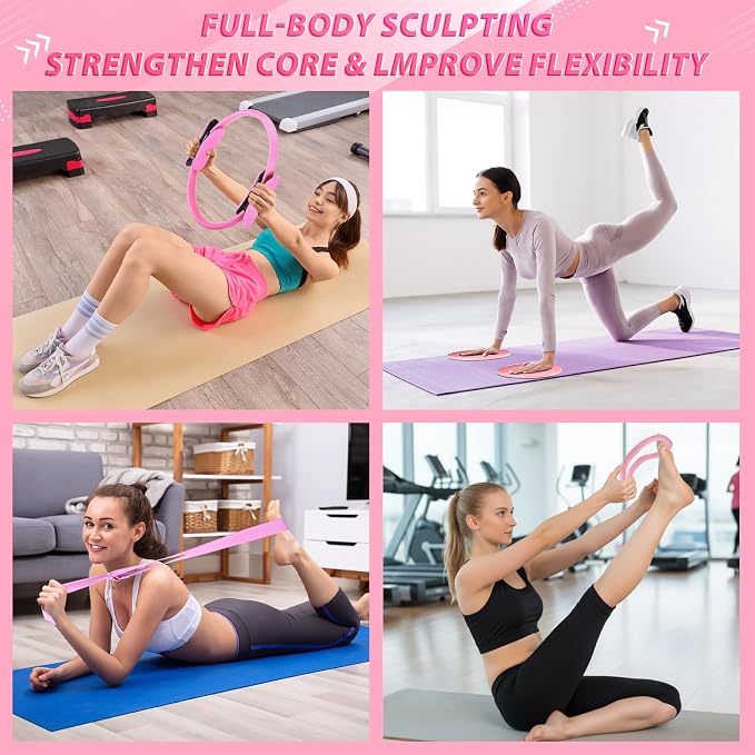 Halloscume 24 Pcs Pilates Kit, Home Pilate Equipment for Women, Pilates Ring and Ball Set with Stretching Strap, Water Bottle, Magic Circle, Yoga Ring, Gym Bag, Resistance Band, Anti Slip Sock