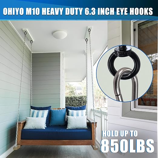 OHIYO 6.3 Inch Heavy Duty Eye Hooks M10 Self Tapping Eyelet Screw Load Capacity 850 LBS Heavy Duty Screw in Eye Hooks for Hammock Stand, Swing Chair, Yoga, Heavy Indoor & Outdoor Uses (Black)