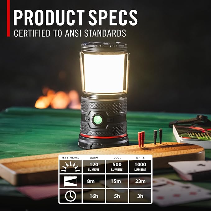 COAST EAL35R 1000 Lumen Voice-Controlled LED Emergency & Camping Area Lantern with Warm, Cool White, Day, Red & Red Flashing Mode, Power Bank Functionality - Black