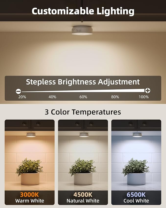 EZVALO 4 Pack Motion Sensor Closet Lights, 1200mAh USB-C Rechargeable LED Puck Lights, Under Cabinet Lights, Night Lights, Dimmable, 3 Color Temps, Magnetic, Stick-On for Closet, Pantry, Stair
