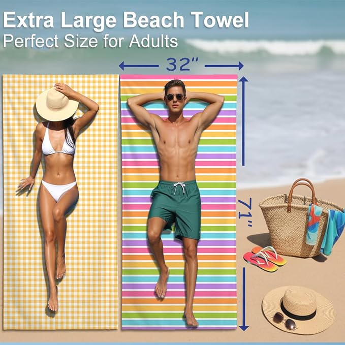 2 Pcs Microfiber Beach Towel Sand Free Quick Dry Oversized Gingham Checkered Yellow and White Retro Travel Pool Towels Lightweight for Adults Swimming Sports Gym Yoga 71 x 32 Inches
