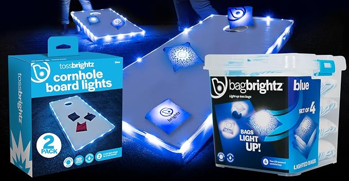 Brightz Cornhole Board Edge Lights with LED Bags - Includes 4-Pack of LED Cornhole Bags + TossBrightz Cornhole Board Edge Lights - The Ultimate Night Time Cornhole Master Set