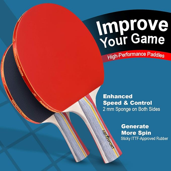 Abco Tech Table Tennis Set - Ping Pong Paddles and Balls for Professional and Recreational Play - Durable Design for Tournaments and Home Games - Portable for Family Fun and Practice
