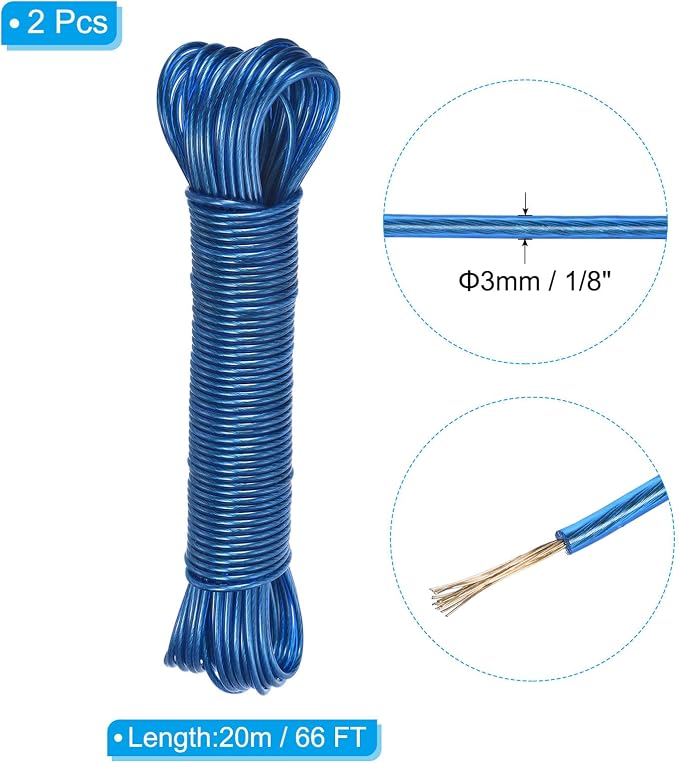PATIKIL Plastic Coated Clothesline, 2 Pack 1/8 Inch x 66 FT Extra Strong Steel Core Clothes Lines Wire for Drying Clothes, Outside Hanging, Blue