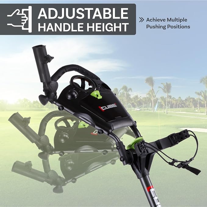 CUBE CART 3-Wheel Golf Push Cart – Ultra-Compact 14.5 lb Folding Golf Trolley, Two-Step Fold, Adjustable Handle, Foot Brake, Umbrella Holder & Built-in Storage