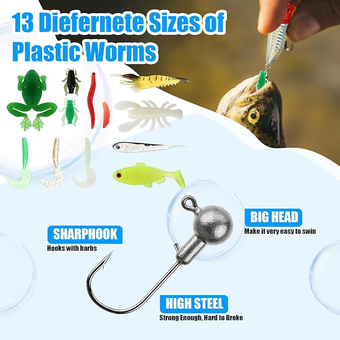 Fishing Lures Kit with Tackle Box, Pliers, Fish Gripper, Saltwater Freshwater Gear Set for Bass Trout, Hooks Weights Bobbers Rigs Leaders