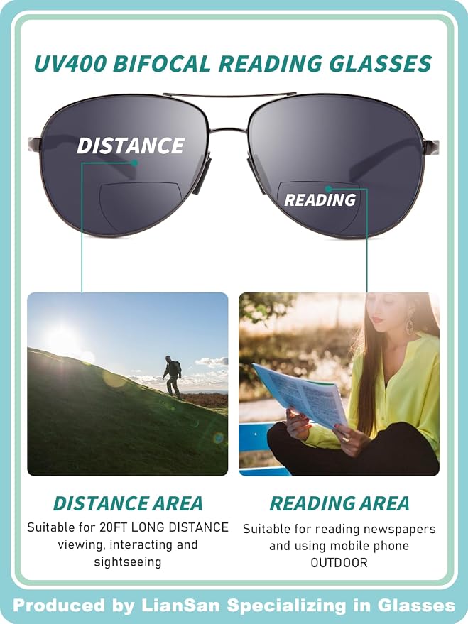 LianSan Premium Aviator Bifocal Reading Sunglasses for Men Women Retro Top Clear Sun Readers UV Protection