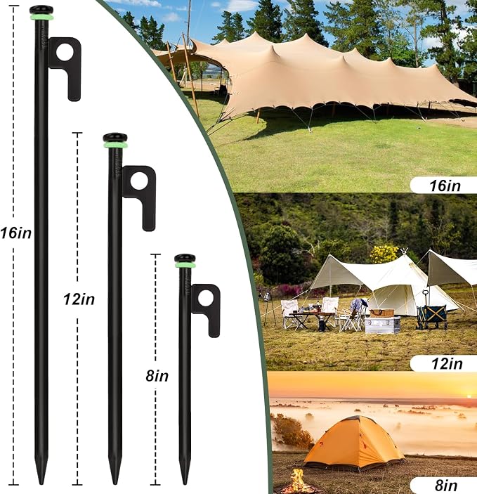 24Pcs Tent Stakes, 16in Heavy Duty Tent Stakes with Storage Pouch, Dia 0.35" Forged Steel Stakes for Tent Used on Rocks, Grassland, Snowfield(24Pcs 16in Stakes)