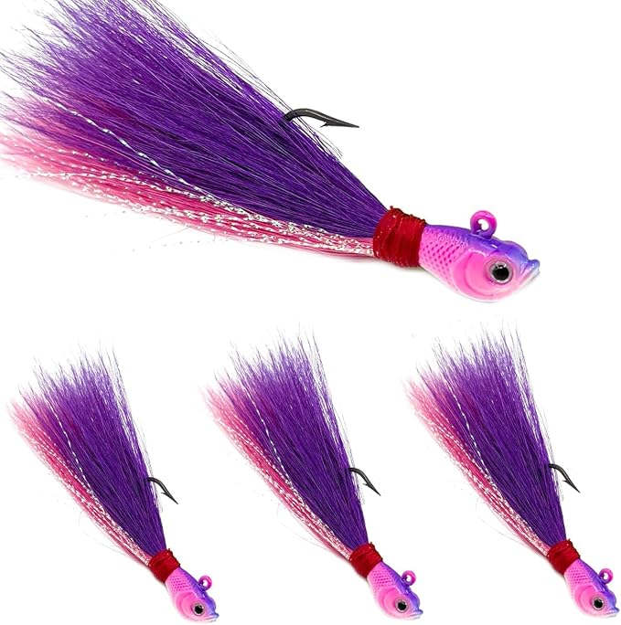 Natufish Bucktail Jigs 3/5Pcs Flash Hair Tail Lifelike Action Saltwater | Fishing Hair Jigs with Natural Deer Hair, 3D Eyes & Sharp Hook Design, Mimic Baitfish Movement 1/4oz-2oz Sizes