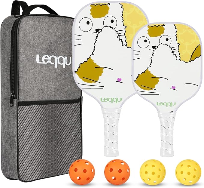 Fiberglass Pickleball Paddles Set of 2, Lightweight Pickle Ball Rackets Kit with Honeycomb Core Control Durable, 4 Outdoor Indoor Balls and Carrying Bag for Men Women