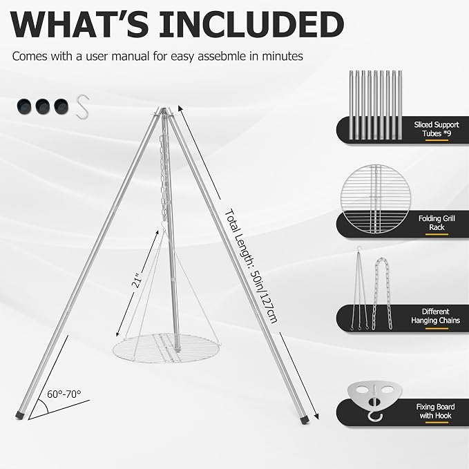 Stainless Steel Campfire Tripod for Cooking, HaSteeL Camping Tripod Grill with 17” Folding Grate, Heavy Duty Openfire Stand Hanger for Outdoors Beach Firepit BBQ, Detachable Handle, Adjustable Height