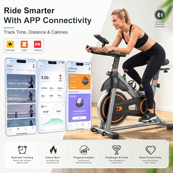 Exercise Bike with APP, Stationary Bike for Home, Workout Bike for Adults & Seniors, Indoor Cycling Bike with Adjustable Resistance, Low Noise, Easy Assembly, 265LB Weight Capacity