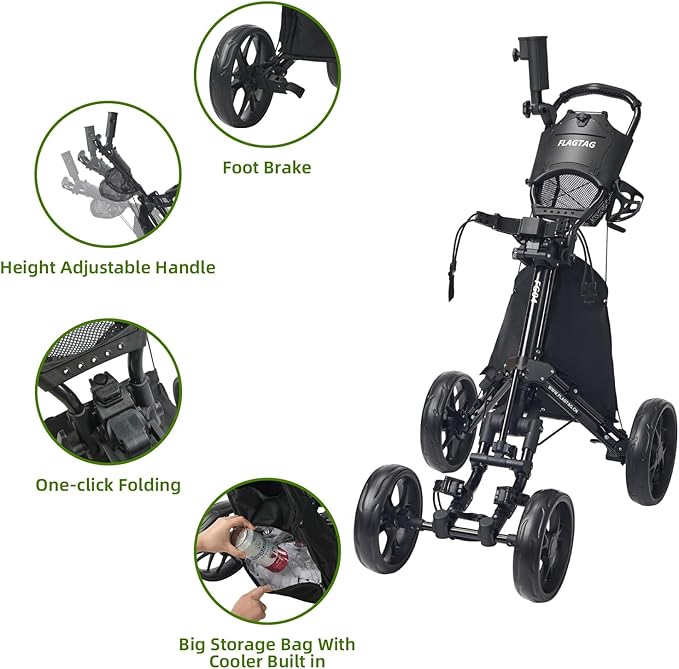 FLAGTAG Golf Push Cart 4-Wheels,Folding Golf Cart, Golf Pull cart with Cup Holder,Umbrella Holder,Cooler Bag, Foldable with one-Click,Handle Height Adjustable,Drink Holder,Walking Push cart